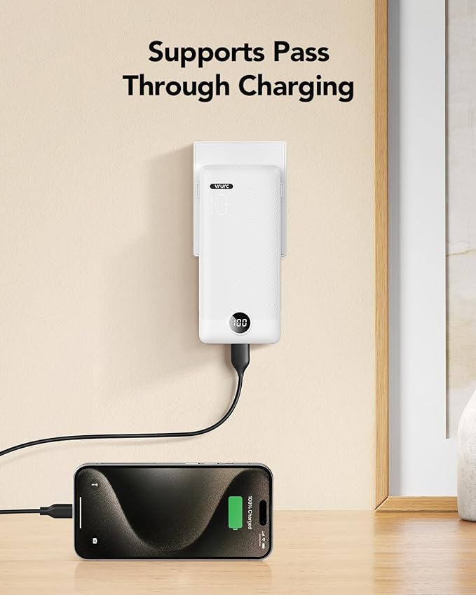 VRURC Portable Charger with Cables and Wall Plug | Power Bank with Cords | 10000mAh Portable Charger with AC Plug | External Battery Pack (Pure White)