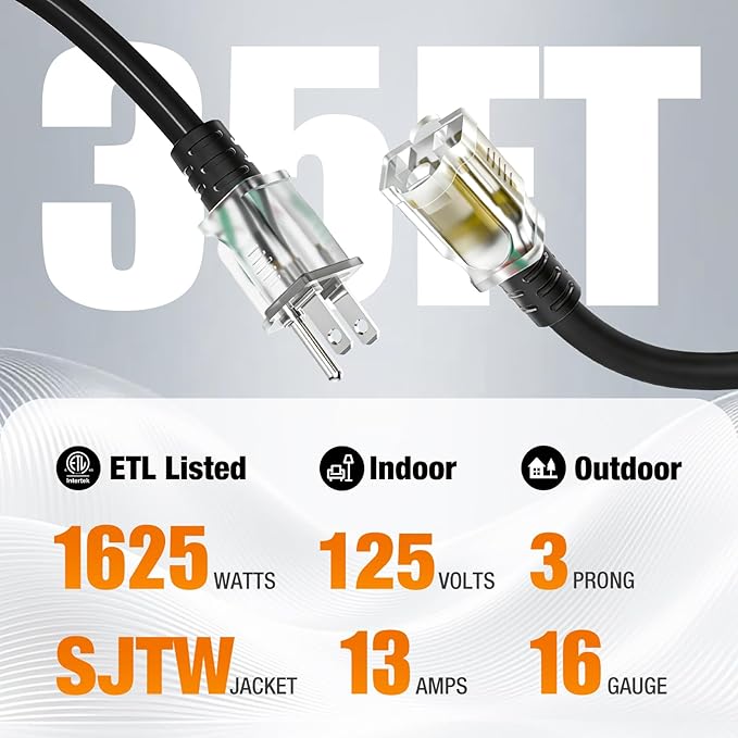 35 FT Outdoor Extension Cord Waterproof, 16/3 Gauge Heavy Duty 3 Prong Power Cord with Lighted Indicator End, 13A 125V 1625W SJTW, ETL Listed, Great for Lawn/Garden/Home(Black)