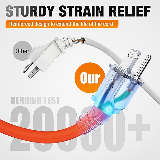 Outdoor Extension Cord 50 FT Waterproof, 12/3 Gauge Heavy Duty 3 Prong Power Cord with Lighted Indicator End,15A 125V 1875W SJTW, ETL Listed, Great for Lawn/Garden/Home(Orange)