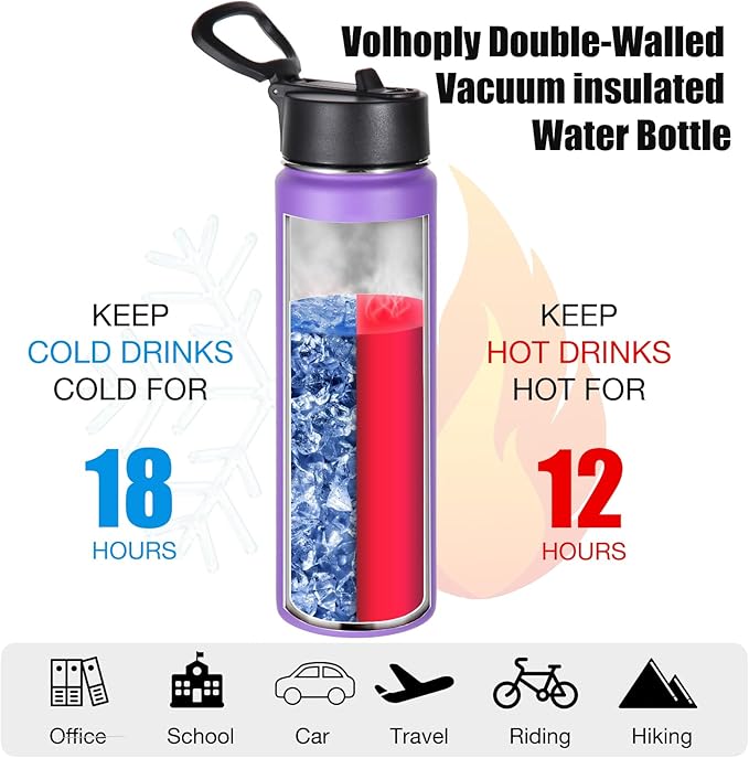 Volhoply 24 Ounce Insulated Water Bottle With Straw Lid,Stainless Steel Wide Mouth Sport Bottles With Handle,Double Wall Vacuum Cups keep Cold,Reusable Travel Thermal Cups For Holder,Gym(Purple,1)