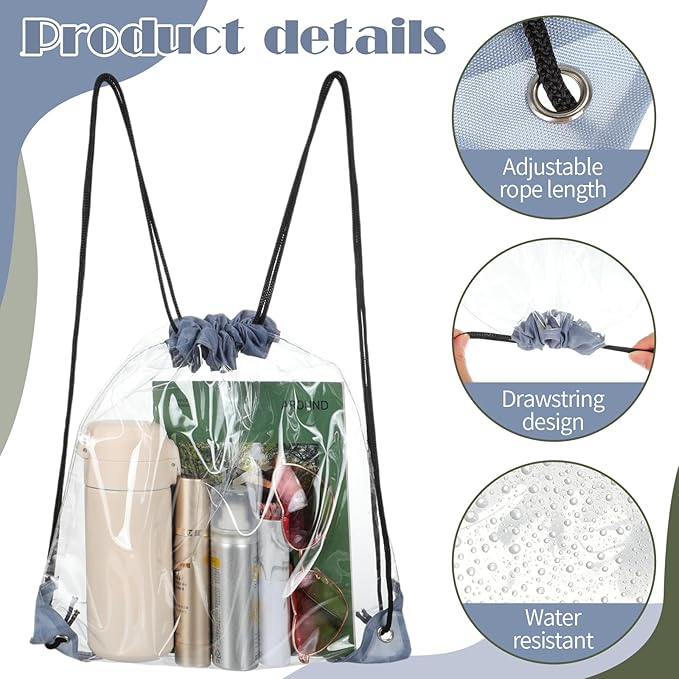 Shappy 30 Pcs Clear Drawstring Backpack, Plastic Waterproof Transparent Stadium Bags String Bag for Gym Travel (Gray)