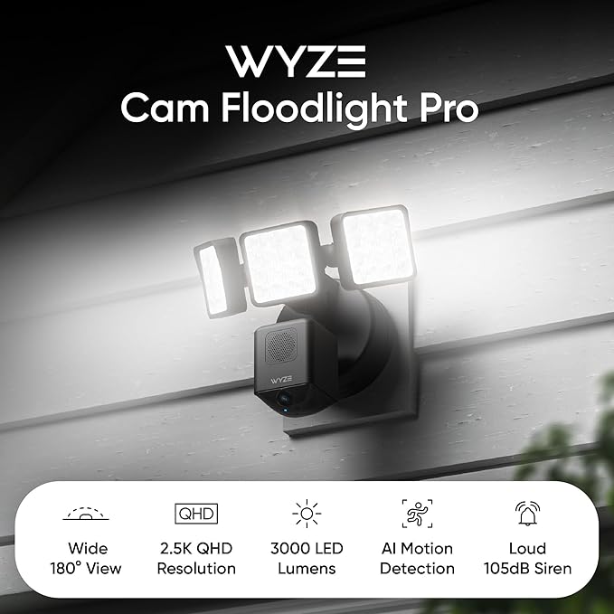 WYZE Floodlight Camera Pro, PCMag Editors' Choice 3000-Lumen LEDs, 2.5K HD Outdoor Security Camera, 180° Wide View, Color Night Vision, Works with Alexa & Google, Wired. Free Expert Setup