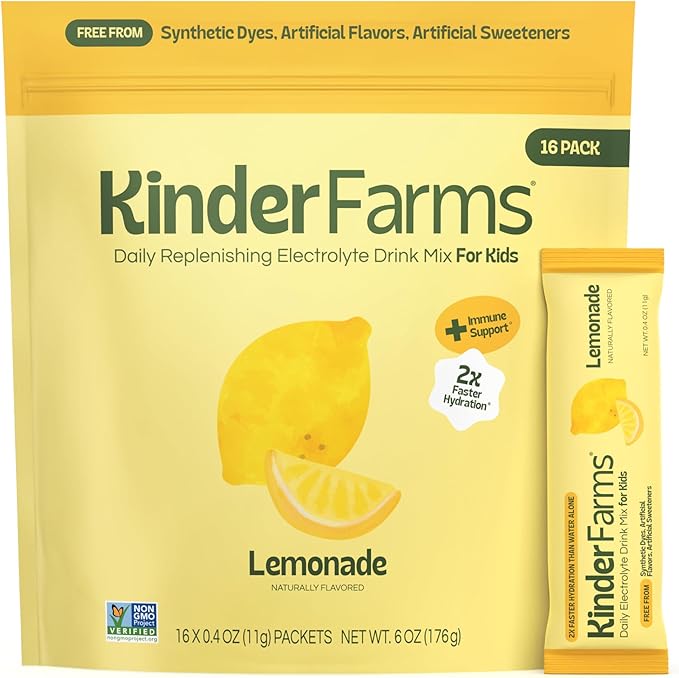 KinderFarms Electrolyte Powder for Kids and Adults - Drink Mix Hydration Packets (Lemonade, 16 Count), No Artificial Sweeteners or Flavors, No Synthetic Dyes, Vegan, Non-GMO, Gluten-Free
