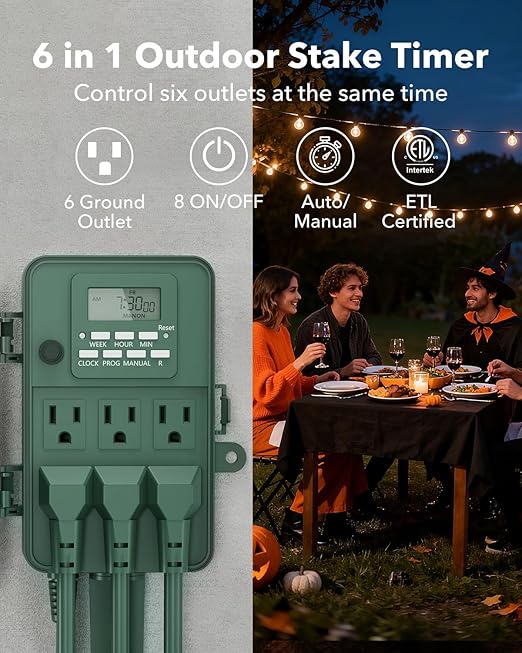 BN-LINK Outdoor Power Stake, 7-Day Programmable Digital Timer, 6 Outlets, 6FT Extension Cord, Waterproof Perfect for Christmas, Halloween, Garden Decorations, ETL Listed