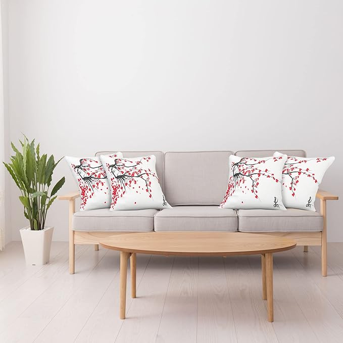 Ambesonne Nature Throw Pillow Cushion Case Pack of 4, Sakura Blossom Japanese Cherry Tree Garden Summertime Vintage Cultural Print, Modern Accent Double-Sided Digital Printing, 18", Grey Vermilion