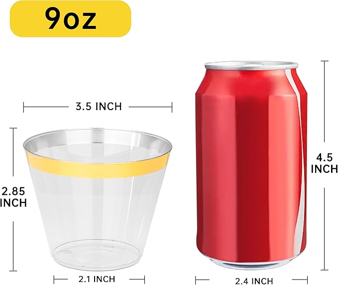 I00000 200 Pack Gold Plastic Cups, 9 Oz Elegant Clear Plastic Cups Gold Rimmed Disposable Wine Glasses Fancy Disposable Party Cup Wedding Cup Drinking Tumblers Cocktail Glasses Perfect for Party