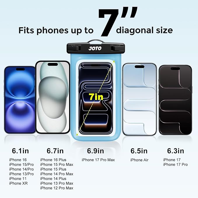 JOTO Universal Waterproof Pouch Case for iPhone 16 15 14 13 Plus Pro Max, IPX8 Cellphone Dry Bag 12 11 Pro Max XR X 8 7 6S Plus SE, Galaxy S23 S22 S21 S20+ S20 S10 Plus Note, Pixel up to 7" -Blue