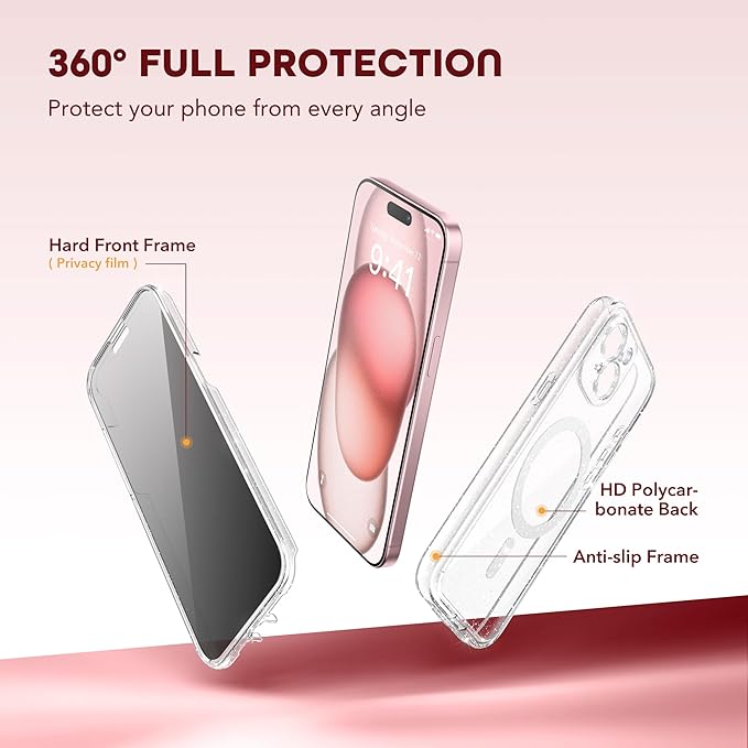 TIESZEN for iPhone 15 Case, Compatible with MagSafe, Built-in Privacy Screen Protector and Camera Protection, Anti Spy Full Body Dustproof Shockproof Hard Phone Case 6.1",Shiny Clear