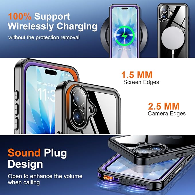 SPIDERCASE for iPhone 17 Case Waterproof, Built-in Lens & Screen Protector, Full Heavy Duty Protection, 12FT Military Shockproof, Dustproof, Anti-Scratched Phone Case,Purple/Clear