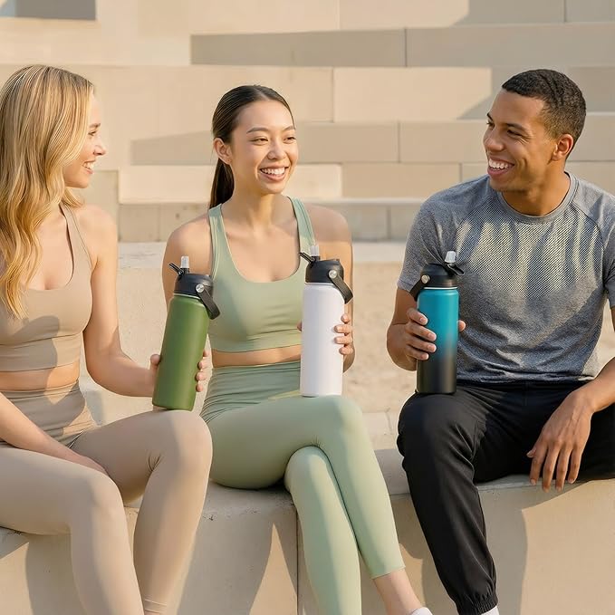 Fijinhom 24oz Insulated Stainless Steel Water Bottle, Wide Mouth Double Wall Vacuum, Silicone Straw, Sweat & Leak Proof, BPA Free Insulated Water Flask for Travel, Keep Cold 24h Hot 12h, White
