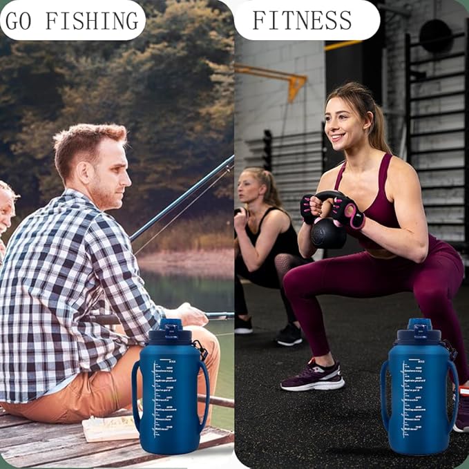 64oz Foldable Water Kettle - Straw & Motivational Time Marker, Half Gallon Silicone Reusable Bottle for Airport Travel, Outdoor Adventures & Home/Office (Blue)