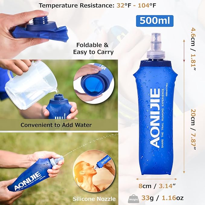 Azarxis TPU Soft Flask Collapsible Water Bottles BPA-Free 250ml 350ml 500ml 600ml for Hydration Vest Pack Running Hiking Cycling Climbing