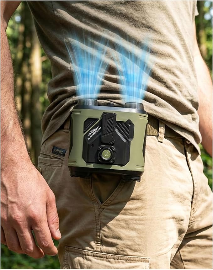 15000mAh Portable Waist Fan, 4-in-1 Waist Clip Fan with Power Bank & LED Light, 100-Speed 25000 RPM Strong Airflow, Instant Cooling for Camping, Travel, Outdoor, Garden, Gift for Men Women