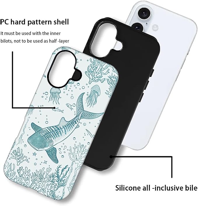 for iPhone 16 Case,HH2 Ocean Whale Shark Hybrid 2 Layer Hard Shell Silicone Protective Pattern Design Case