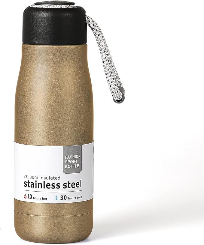 12 oz Insulated Water Bottle, Dusgut Wide Mouth Water Bottle,Stainless Steel,Wide Mouth Portable Lid, Gold