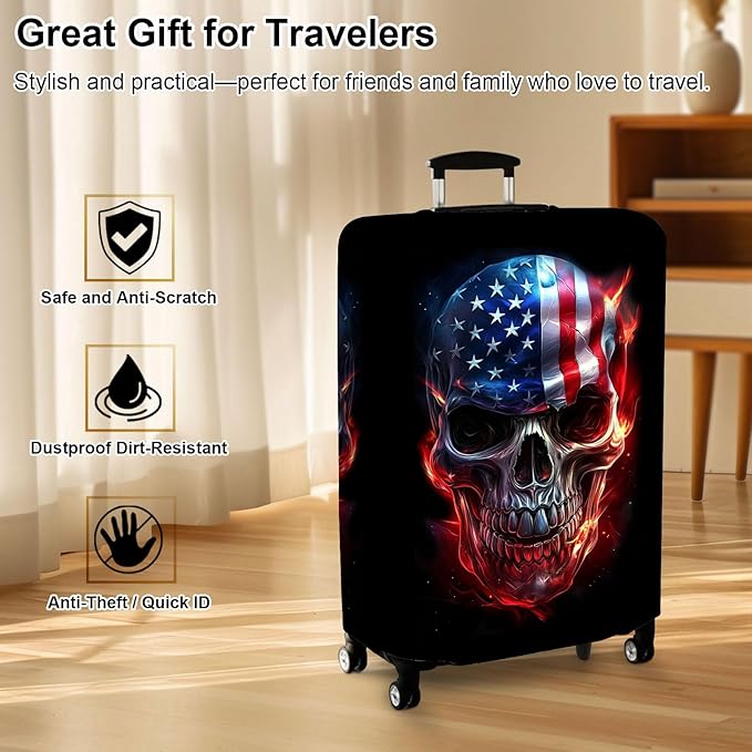 Luggage Cover Protector for 22-24 Inch Suitcases, TSA Approved Elastic Travel Suitcase Covers, Anti-Scratch Washable Luggage Sleeve for Carry On & Checked Bags, Skull American Flag