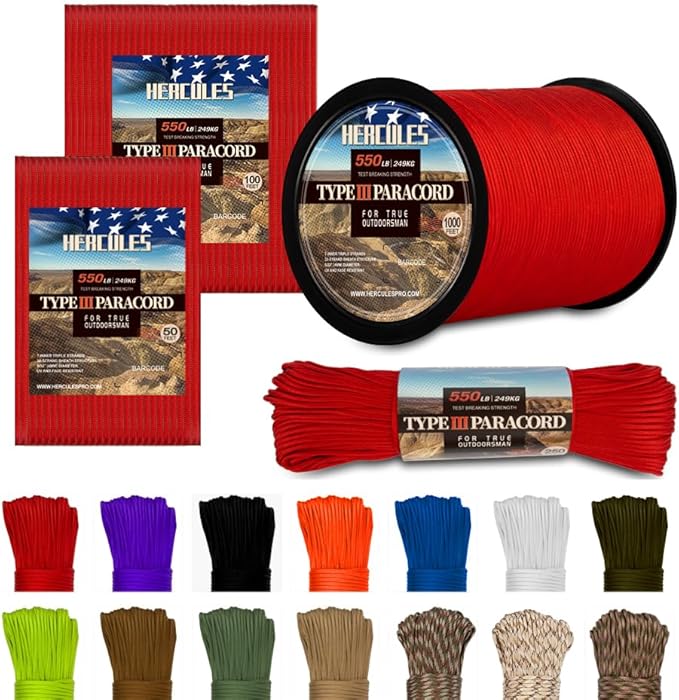 HERCULES Type III Paracord 550 Paracord Rope Parachute Cord, 250' Imperial Red for Camping Cord, Survival Rope