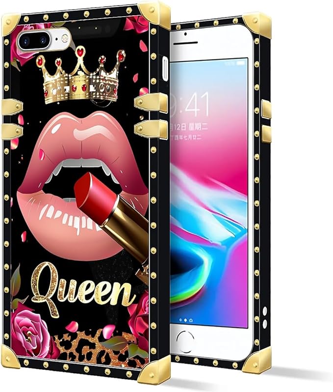 Compatible with iPhone 8 Plus 7 Plus Case, Glitter Red Rose Queen Leopard Lipstick Luxury Golden Decoration for Girl Women Soft TPU Shockproof Protective Hard PC Back