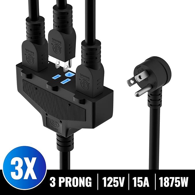 Outdoor Extension Cord 100 Ft with 3 Outlets, 12/3 SJTW 3 Prong Grounded Power Cord, 12 Gauge 12AWG Heavy Duty Power Cable, ETL Listed, 15 Amp 125 V 1875 W-Multiple Outlets for Indoor/Outdoor-Black