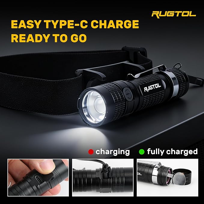 Rugtol Headlamp, USB C Rechargeable Battery Powered Head Lamp LED Flashlight with Clip Magnetic Base, 1000 Lumens Zoomable Aluminum Headlamp IPX4 Waterproof for Hard Hat Working Running Hiking