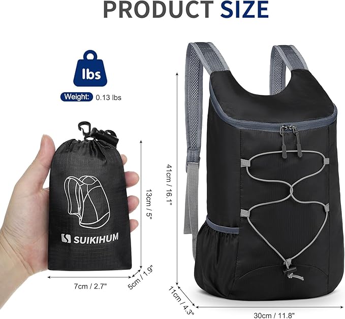 20L Hiking-Daypack Lightweight Foldable Travel Packable Backpack for Camping Cycling Outdoor, Black