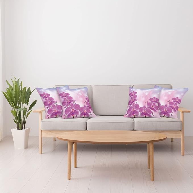 Ambesonne Floral Throw Pillow Cushion Case Pack of 4, Exotic Orchid Flowers Flourishing on Abstract Background Circles Stars, Modern Accent Double-Sided Digital Printing, 24", Pink Purple