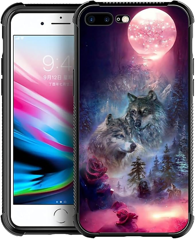 for iPhone 7 Plus/8 Plus Case, Star Two Wolfs Howling Pattern Graphic Design Girl Boy Soft Silicone Hard Acrylic Shock Protection for iPhone 7 Plus/8 Plus