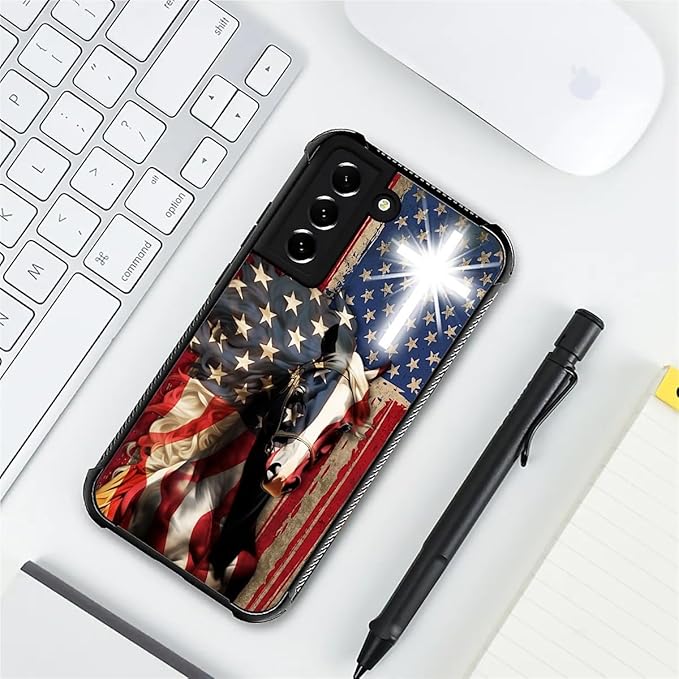 for Samsung Galaxy S22 Plus Case, Red American Flag Horse Cross Pattern Graphic Design Girl Boy Soft Silicone Hard Acrylic Shock Protection for Samsung Galaxy S22 Plus