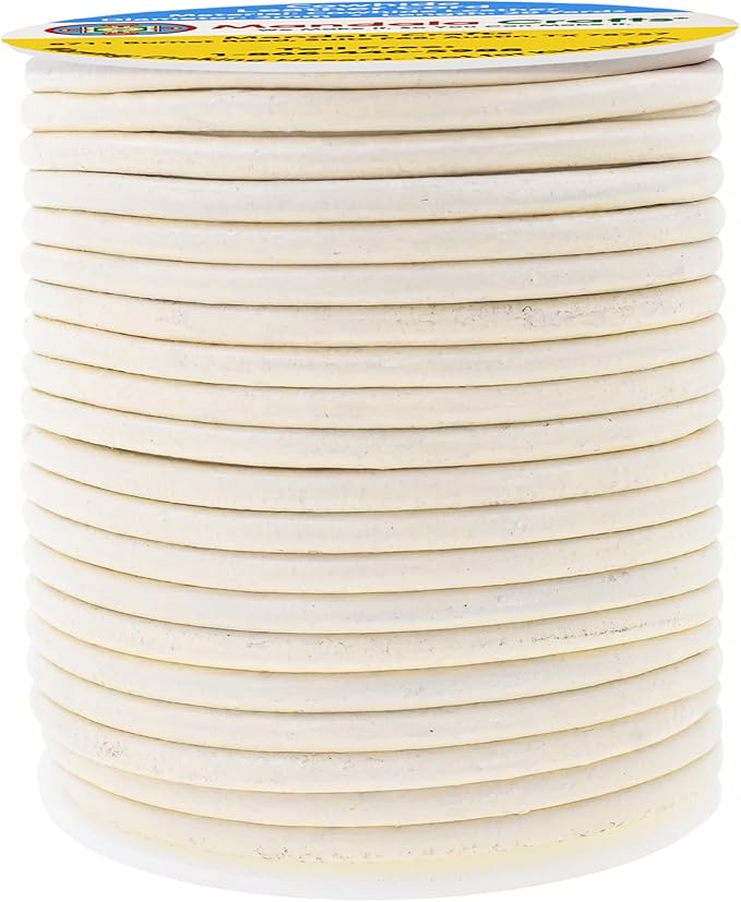 Mandala Crafts Round Genuine Cream Leather Cord for Jewelry Making – 3mm Cowhide Leather Rope String Lace for Kumihimo – 20 Yards Cowhide Craft Cording Spool