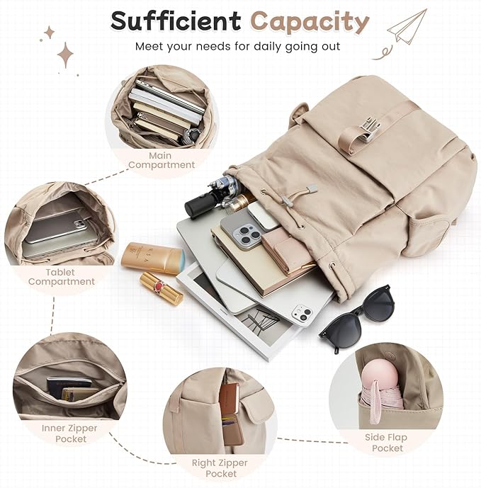 G4Free Small Backpack for Women, Nylon Casual Daypack for Work Travel Campus, Khaki