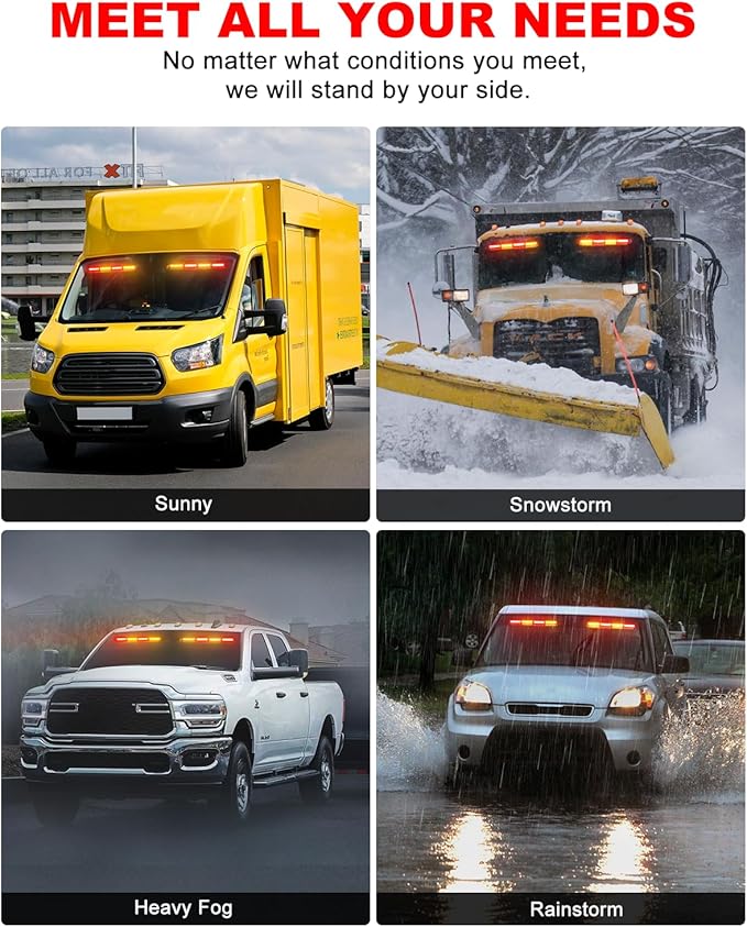 HLauto 6Z4J Emergency Dash Strobe Lights: 2x16.8 inch Red Amber Safety Lights, 48 LED Flashing Warning Hazard Interior Windshield Visor Traffic Light Bar for Trucks, Construction Vehicles