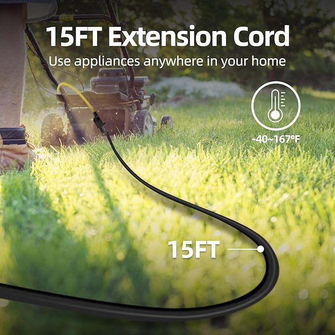 TiFFCOFiO Indoor Outdoor Extension Cord Waterproof, 15 Feet 3 Prong Power Cord for Home and Garden, 16 AWG, 13A/1625W, ETL Listed