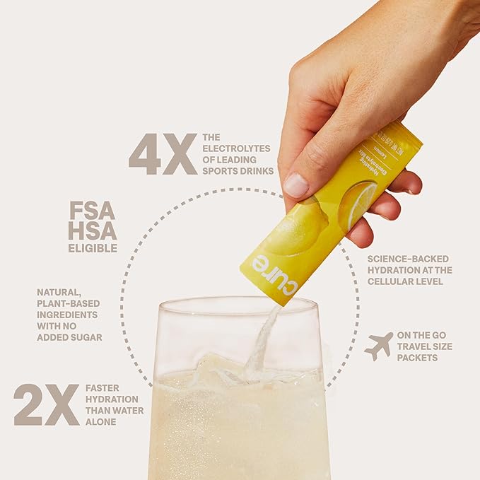Cure Hydration | Plant-Based Electrolyte Drink Mix | No Added Sugar | FSA-HSA | Dehydration Relief Powder Made with Coconut Water | Non-GMO | Vegan | Box of 8 Packets - Lime