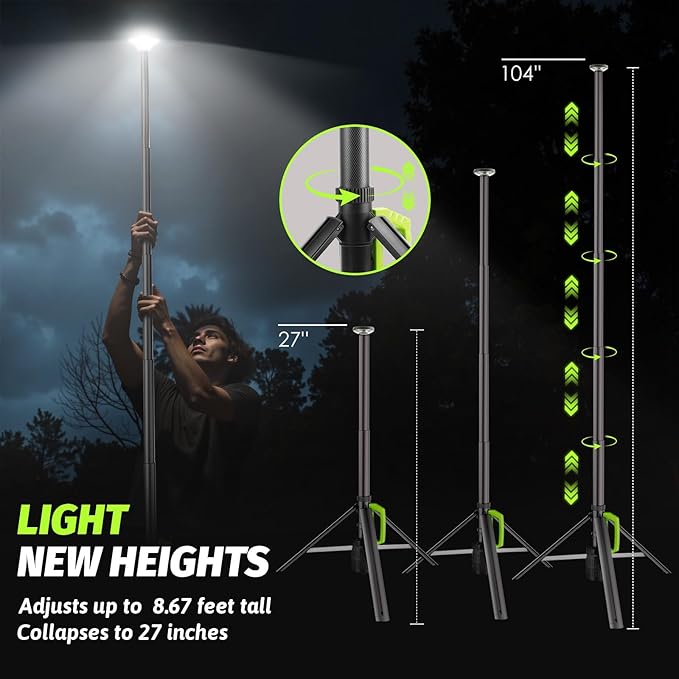 Tresda Rechargeable Telescopic Camping Light, 8.4FT LED Work Light with Tripod Stand & Remote Control, 3000LM Super Bright, 3 Color Temps, Portable Tripod Lights for Outside, Sports, Emergency