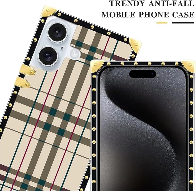 Compatible with iPhone 16 Case, Black Red Beige Stripes Luxury Golden Decoration for Girl Women Soft TPU Shockproof Protective Hard PC Back