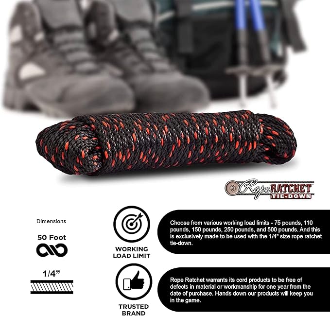 Rope Ratchet 1/4" 50 ft Braided Polypropylene Utility Cord, Weather Resistant Indoor Outdoor for Gardening, DIY Projects, Securing Loads, Binding, Knot Tying, Tarp Use, 150 lb Capacity - Black/Red