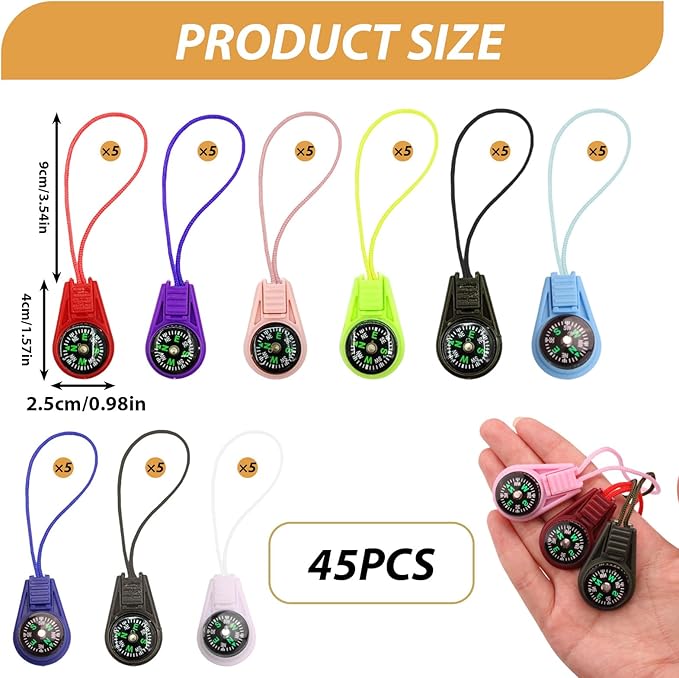 Button Compass Bulk Kit, 45 Pack Assorted Mini Compasses for Team Activities, Outdoor Navigation, Group Events, Emergency Preparedness, 9 Colors for Hiking, Camping & Travel