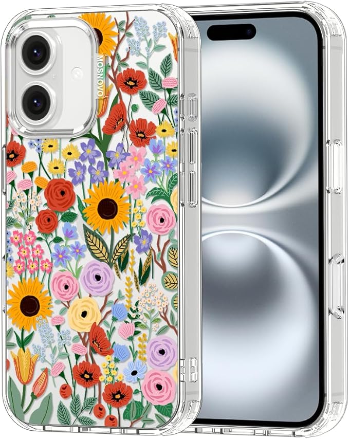 MOSNOVO Case for iPhone 16 Plus, [Buffertech 6.6ft Military-Grade Drop Protection] [Anti Peel Off Tech] Clear TPU Bumper Phone Case Cover Design - Blossom & Bloom