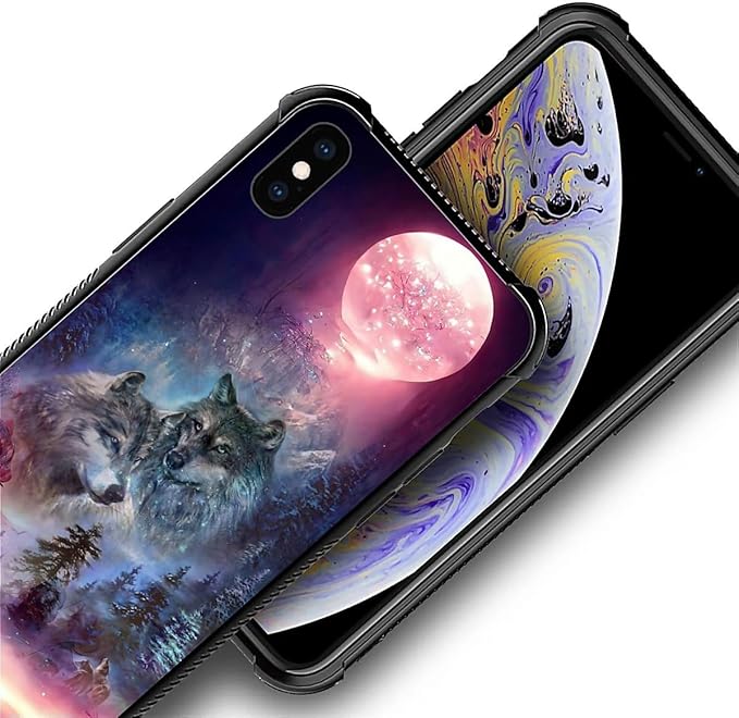 for iPhone Xs Max Case, Star Two Wolfs Howling Pattern Graphic Design Girl Boy Soft Silicone Hard Acrylic Shock Protection for iPhone Xs Max