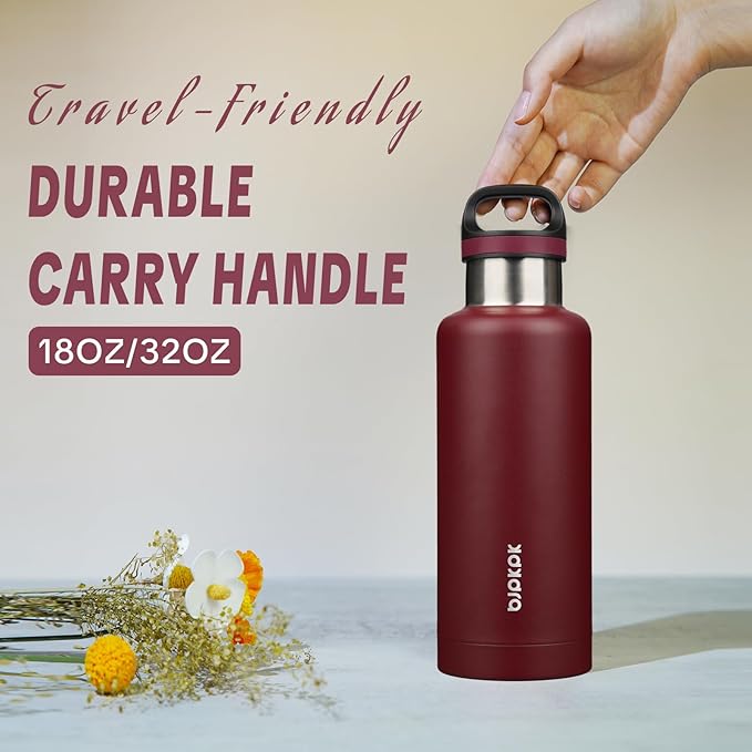 BJPKPK Insulated Water Bottle 32OZ Stainless Steel Water Bottle with Handle Double Walls Vacuum Insulated BPA Free Flask, Deep Red