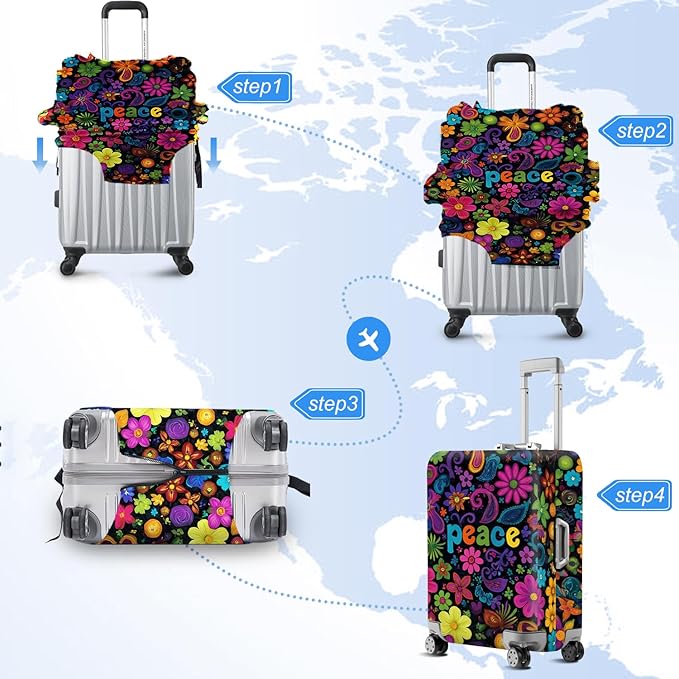 ANNA QUEEN Peace Flowers Travel Luggage Cover -Spring Stretchable Airplane Suitcase Protector Sleeve,Universal Washable Fit for 20-26 Inch Checked Baggage,Water Resistant Durable Luggage Protector
