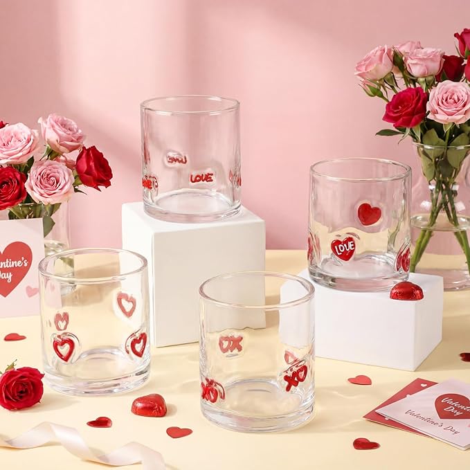 Skylety 8 Pcs Valentines Day Icons Juice Glasses Heart Love Drinking Cups Old Fashioned Stemless Wine Glasses 13.5 oz Whiskey Cocktail Coffee Mugs for Galentines Party Gift Decor
