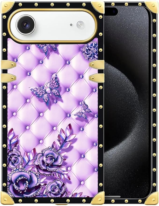 for iPhone 17 Air Case Luxury Golden Decoration for Girl Women Soft TPU Shockproof Protective Hard PC Back for iPhone 17 Air Crazy Pattern Purple Butterfly Flowers Leaf