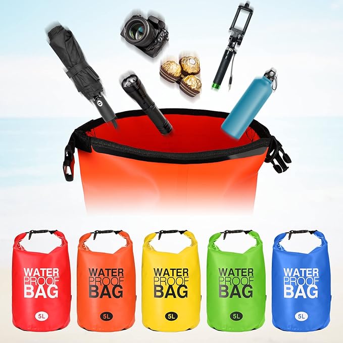 Jexine 10 Pack Dry Bag Waterproof, 5L Ultralight Dry Sacks Roll Top Storage Bag Backpack Camping Portable Outdoor Bags Keep Gear for Backpacking Kayaking Hiking Swimming Fishing Boating (Multicolor)