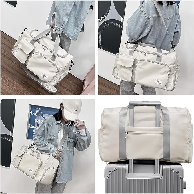 Suruid Travel Duffel Bag with Shoes Compartment Sports Gym Bag with Dry Wet Separated Pocket for Men and Women, Overnight Bag Weekender Bag Training Handbag Yoga Bag - White Gray
