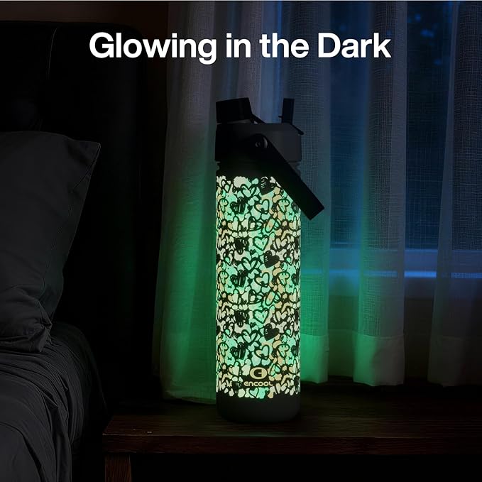 ENCOOL Insulated Water Bottle with Straw Stainless Steel Water Bottle, Glow in the Dark, Leak-Proof, BPA-Free, Keeps Cold for 24 Hours for Sports, Travel, School (26 oz, Graffiti Hearts)