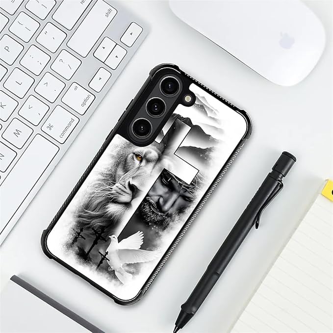 for Samsung Galaxy S23 Case, Lion Cross Jesus Christ Dove Pattern Graphic Design Girl Boy Soft Silicone Hard Acrylic Shock Protection for Samsung Galaxy S23