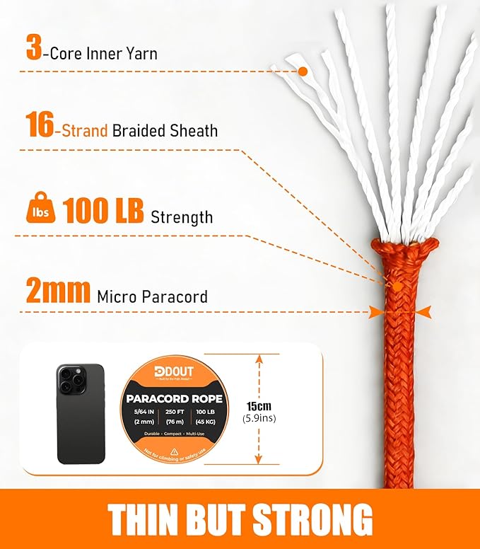DDOUT 2mm Paracord 100lb, Thin Micro Paracord Rope, Orange 250FT Nylon Cord for Crafting, DIY Projects, Fishing, Camping & Outdoor