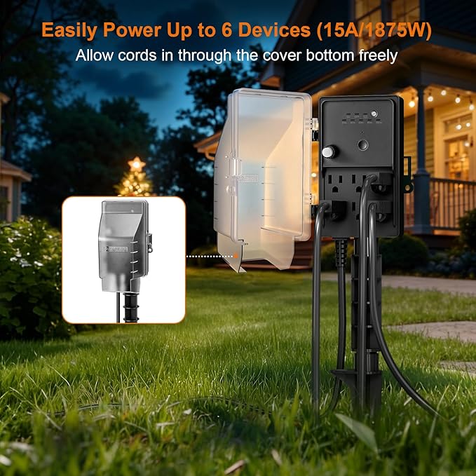 SURAIELEC Outdoor Power Stake Light Timer, Dusk to Dawn, 6 Electrical Outlet Power Strip Weatherproof, 6FT Extension Cord Multiple Outlet for Patio Lights, Sprinkler, Garden, Christmas Decorations