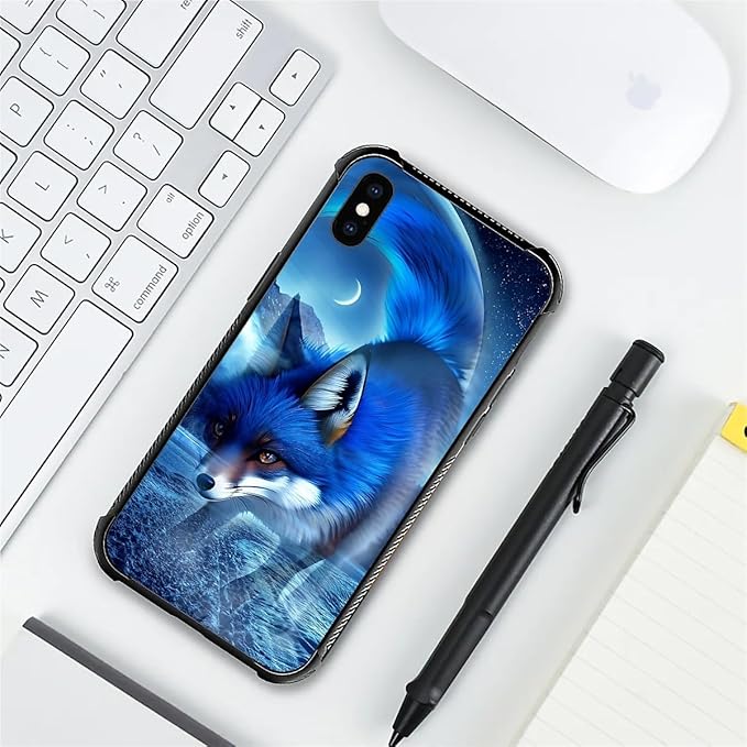 for iPhone X/Xs Case, Snowy Mountain Fox Lake Pattern Graphic Design Girl Boy Soft Silicone Hard Acrylic Shock Protection for iPhone X/Xs